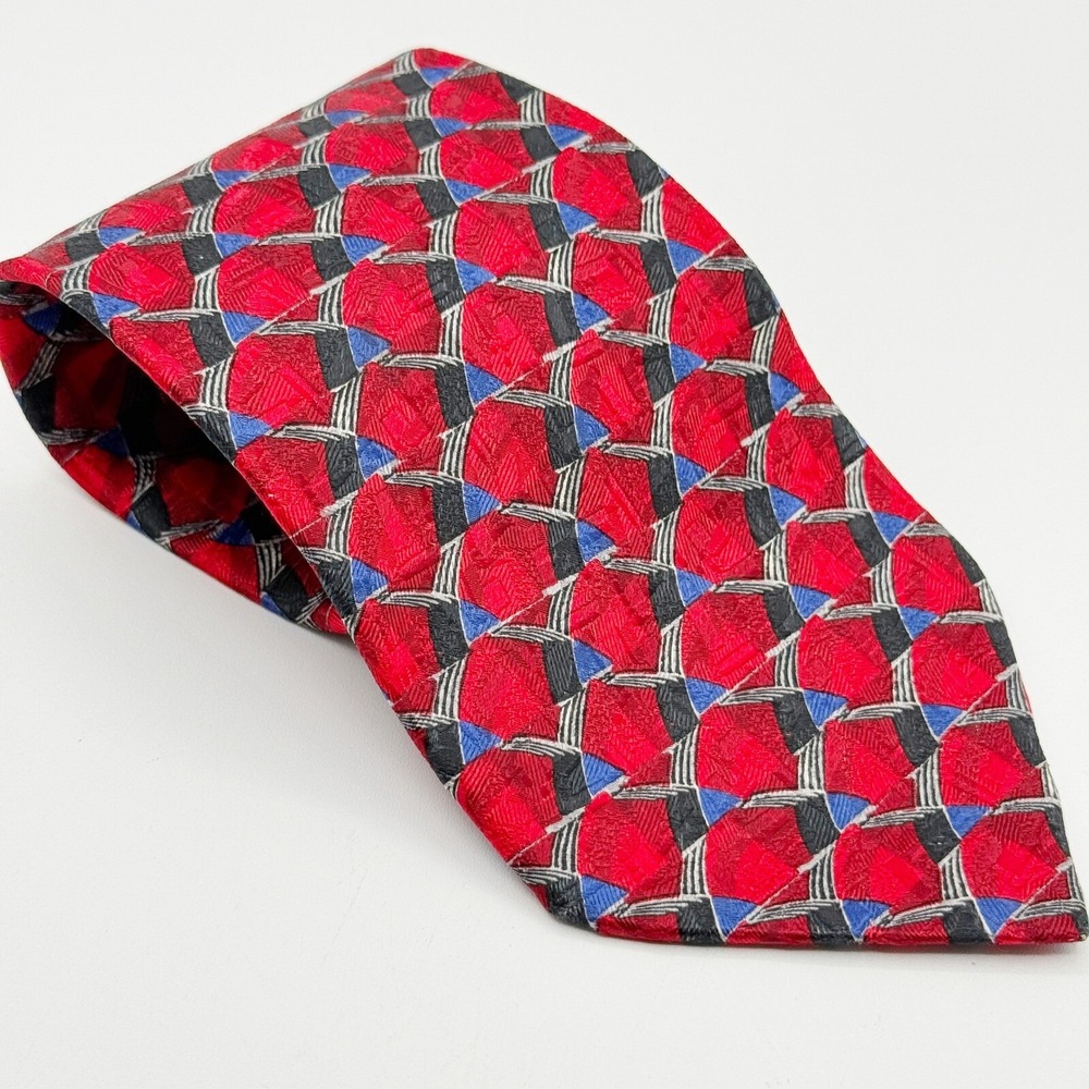Ermenegildo Zegna Red Silk Necktie Geometric Pattern Designer Italian Tie